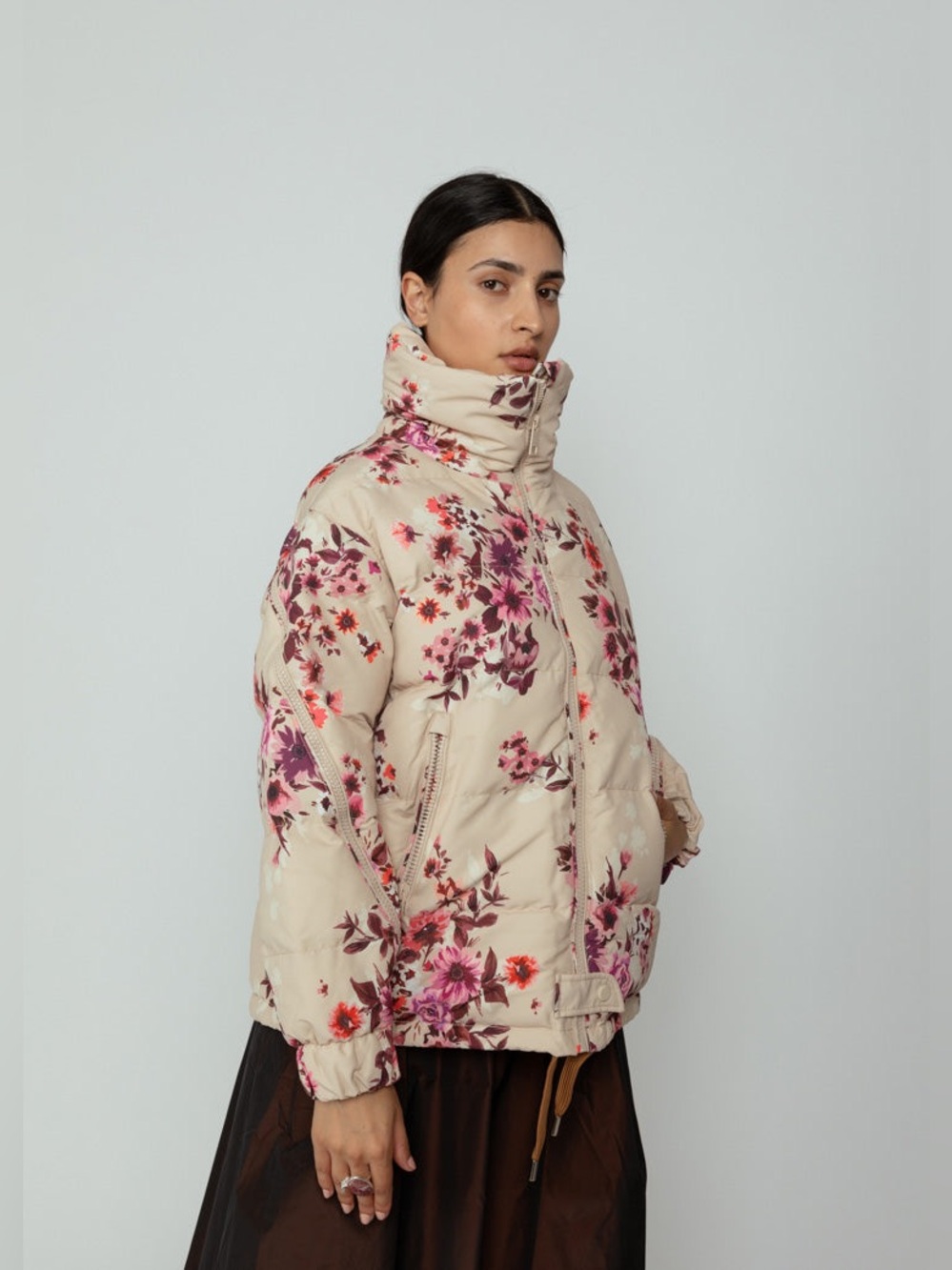 OOFWEAR Floral Print Nylon Short Jacket Pink Purple Beige Small